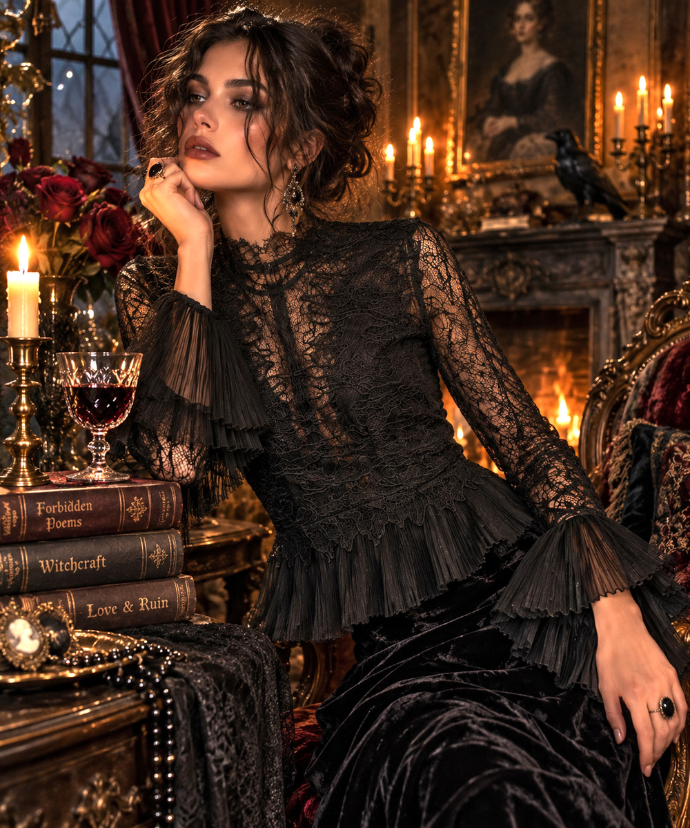 Bardot Francesca Sz 10 Black Lace Blouse Whimsigoth Goth Witchy Micro Pleat Cuff